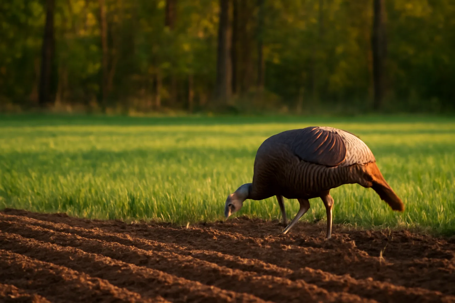 Wild turkey feeding at edge of a chufa food plot near dug soil