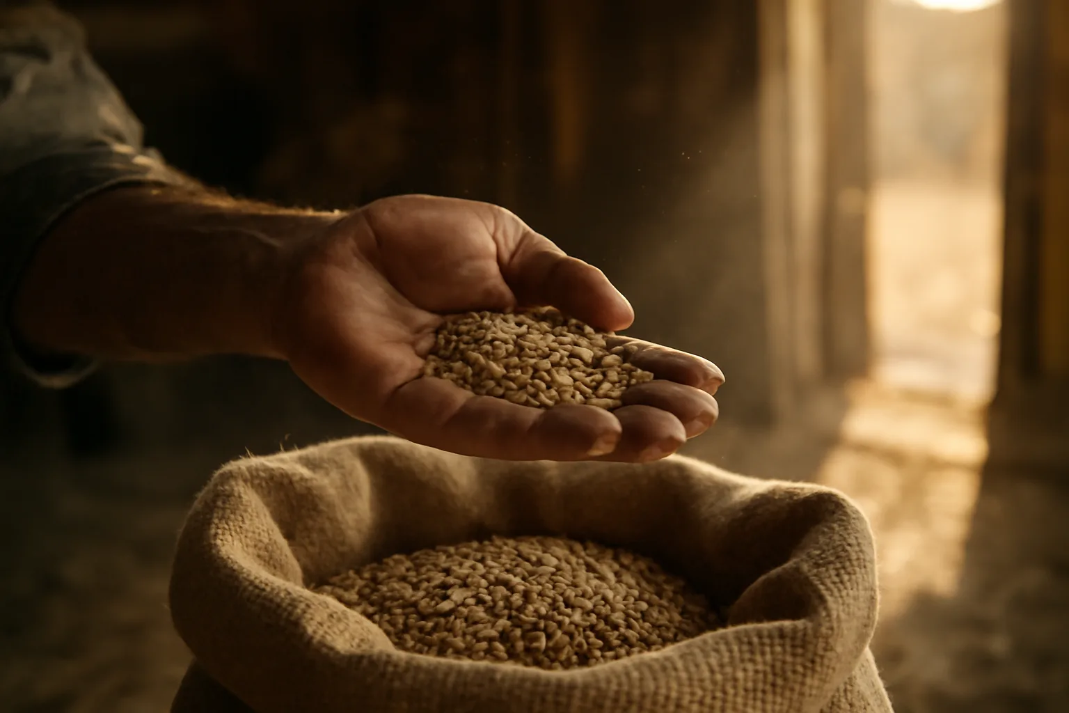 Hand pouring loose clearance food plot seed from a bag in dim barn light