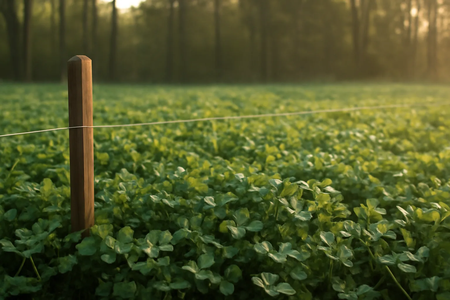 Dew-covered clover deer plot bordered by autumn hardwoods at sunrise