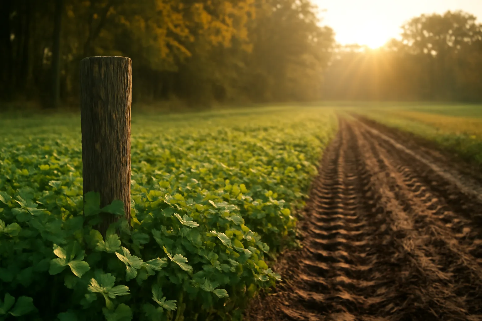 Clover food plot with dew-covered leaves bordering fall hardwood timber at sunrise
