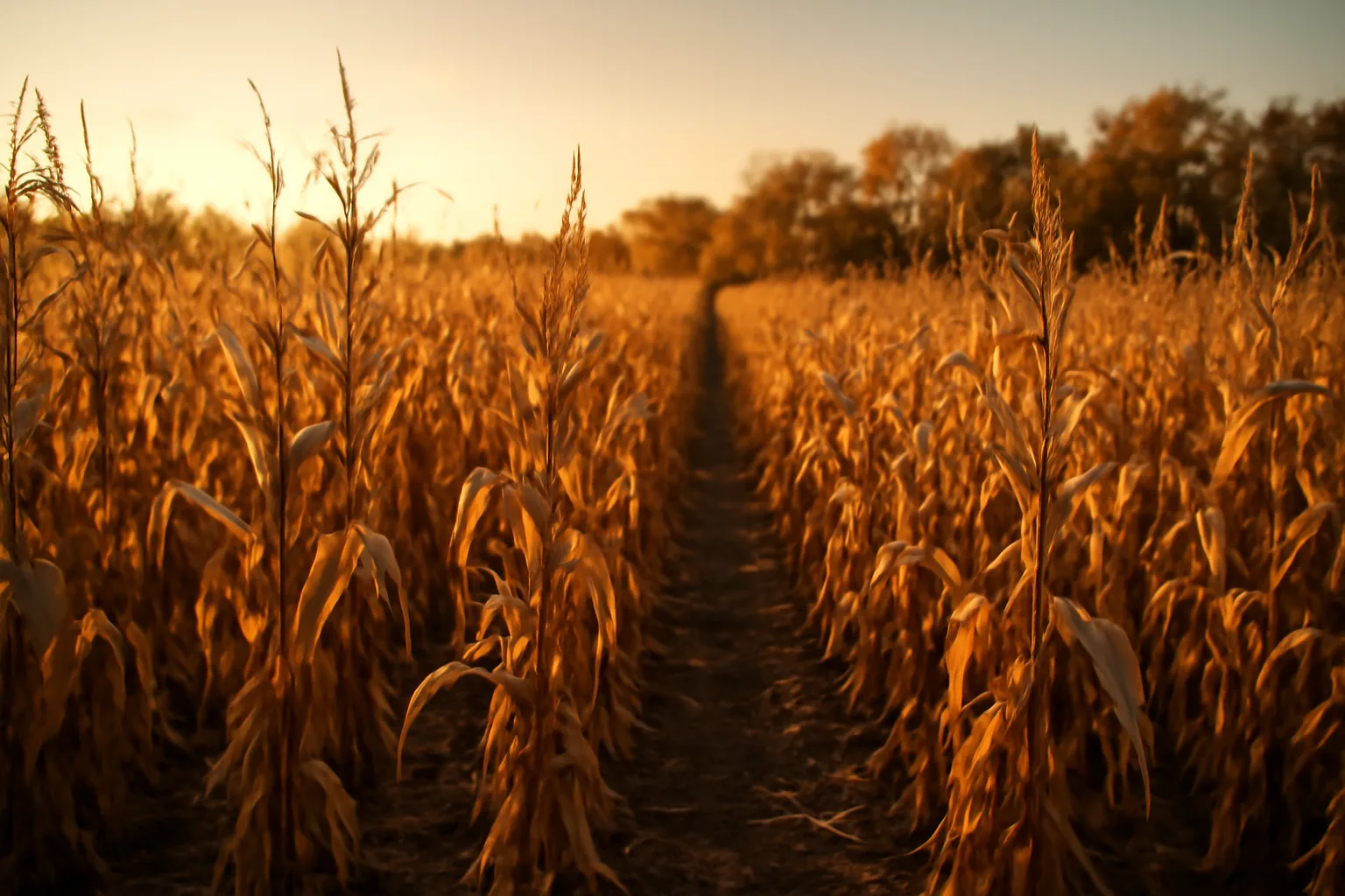 Standing dry cornfield at sunset planted as a deer food plot near woods