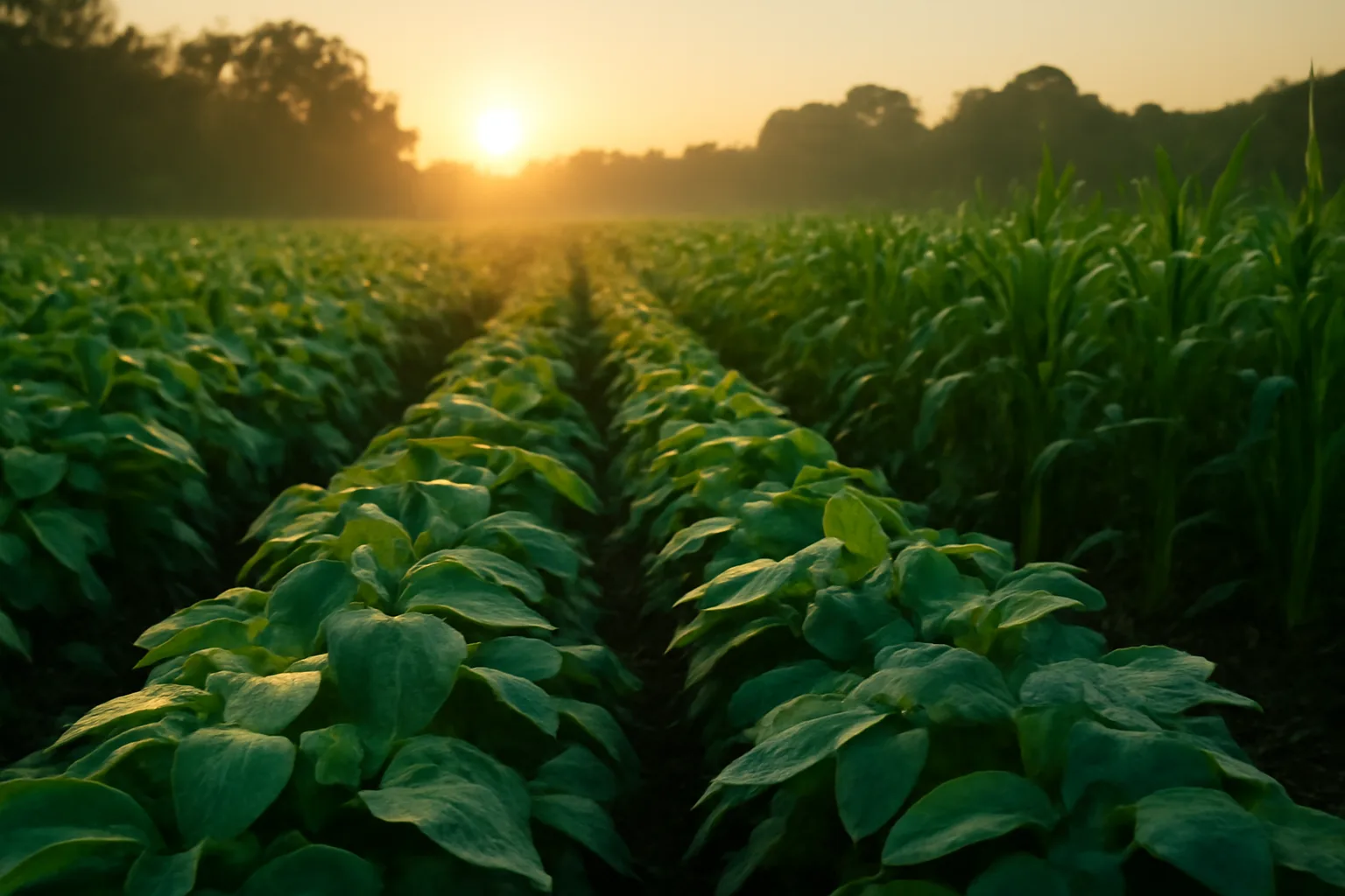 Sunlit summer food plot field showing cowpeas growing alongside sorghum stalks