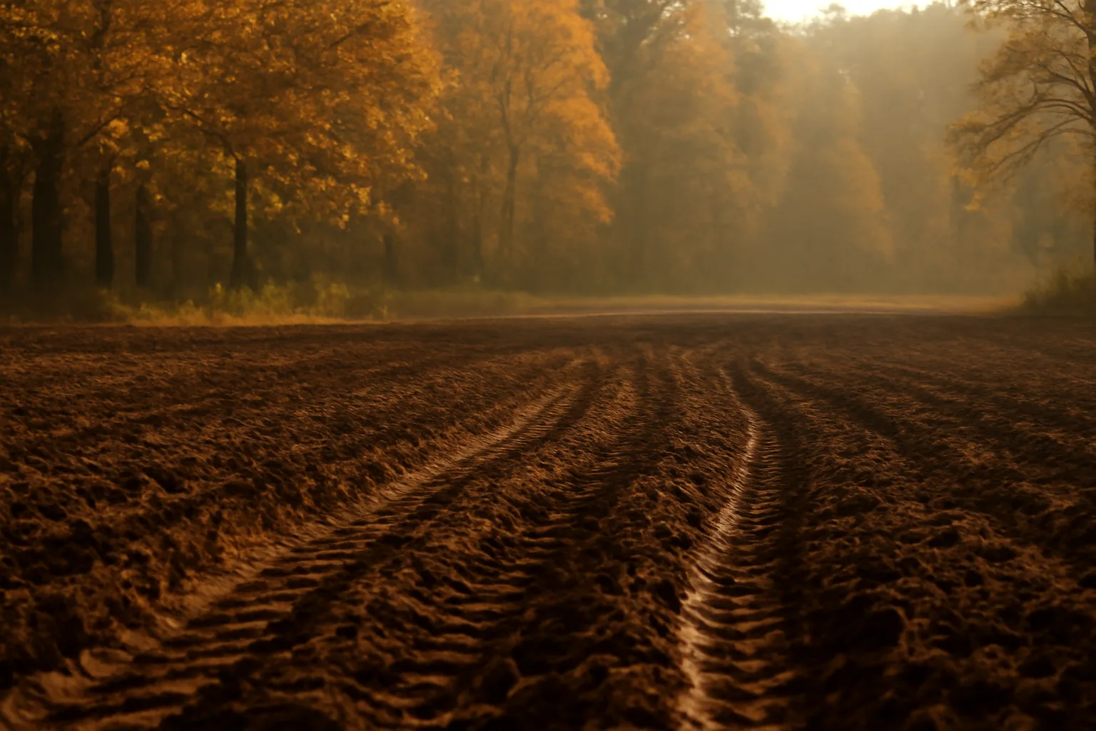 Freshly tilled forest clearing prepared for a deer crop plot in autumn light
