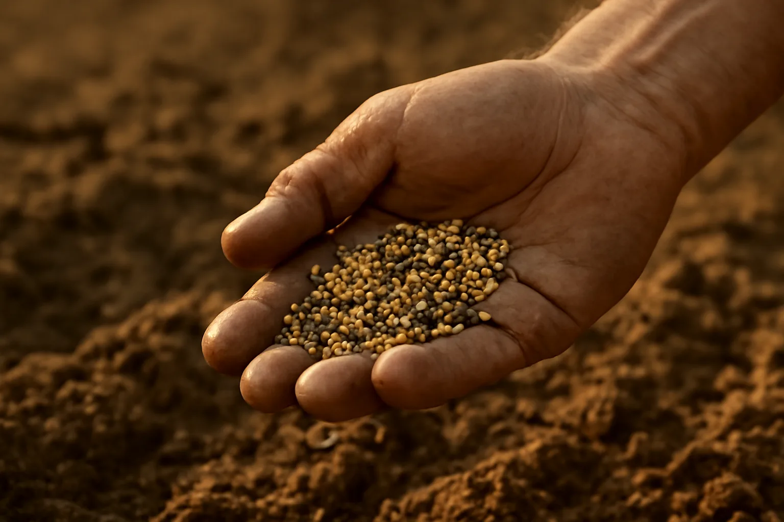 Hand holding food plot seed above tilled soil before planting