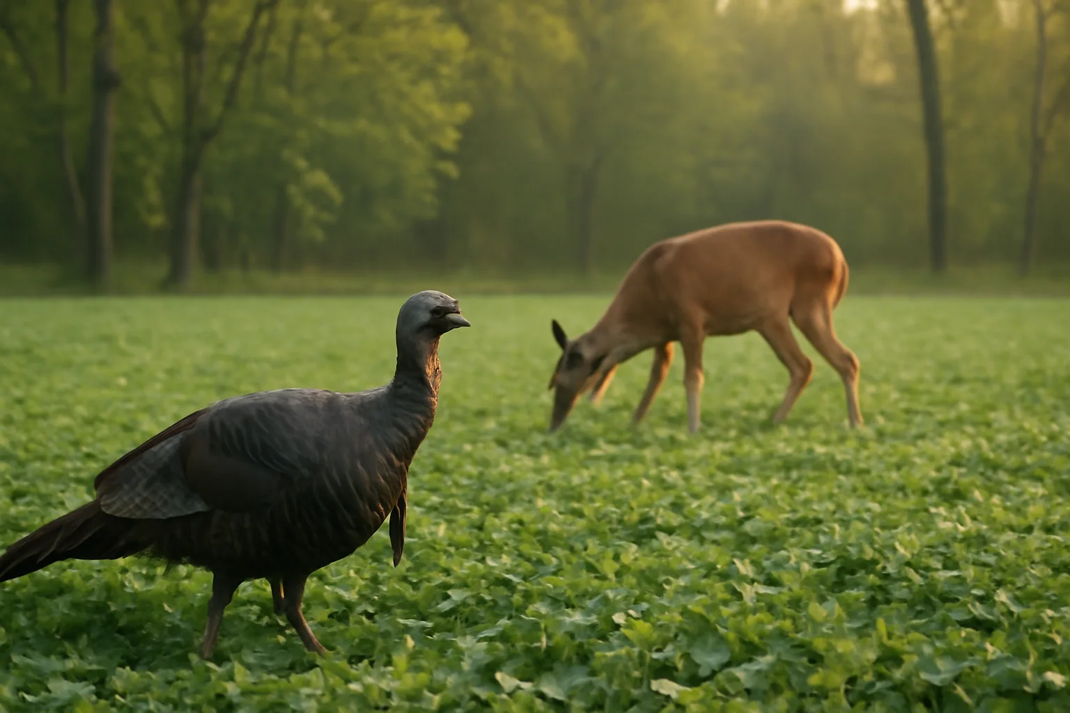 Whitetail deer and wild turkey grazing together in a green clover food plot at dawn
