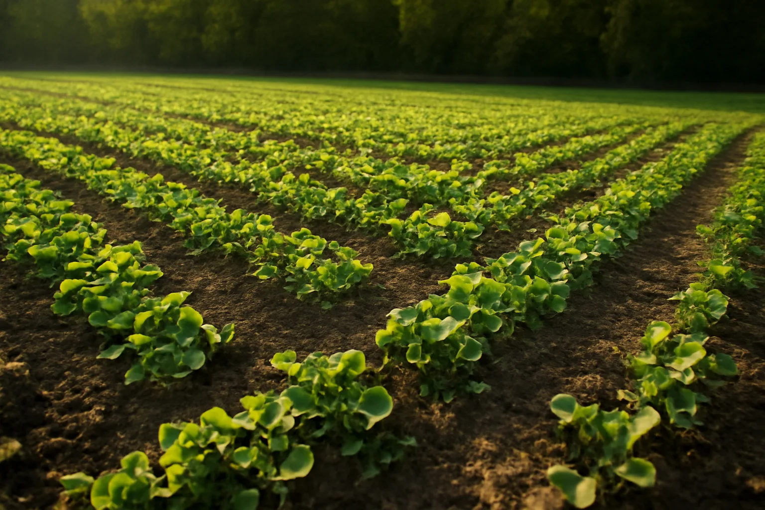 Sunlit food plot with rows of young clover and turnip leaves near a tree line
