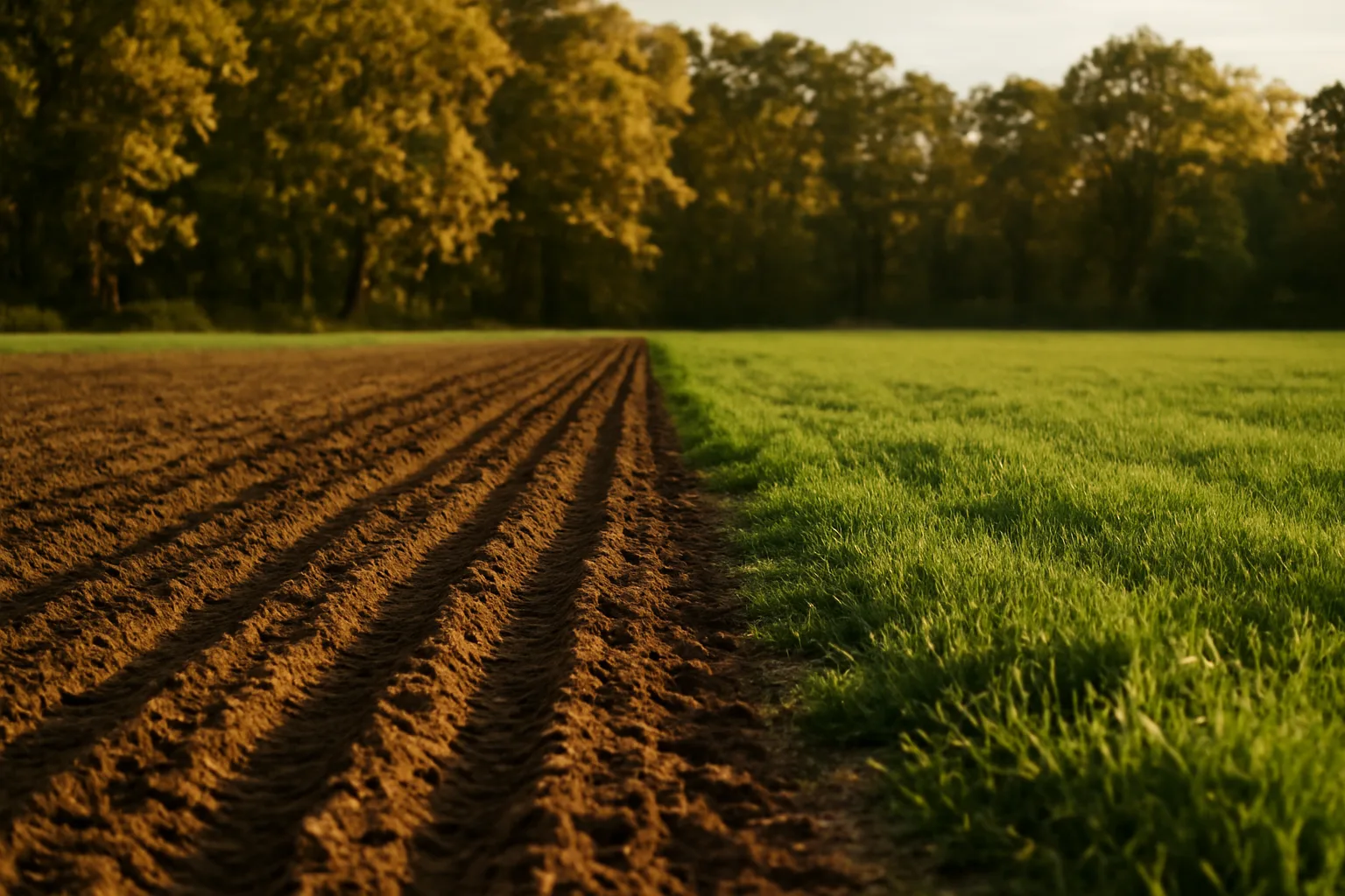 Golden light over a planted deer food plot bordered by autumn hardwoods