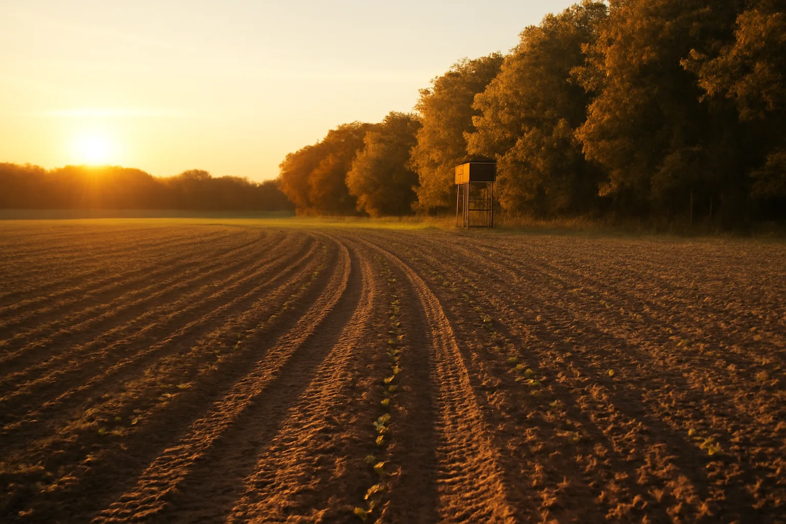 Freshly tilled deer food plot at sunset with tree line in background