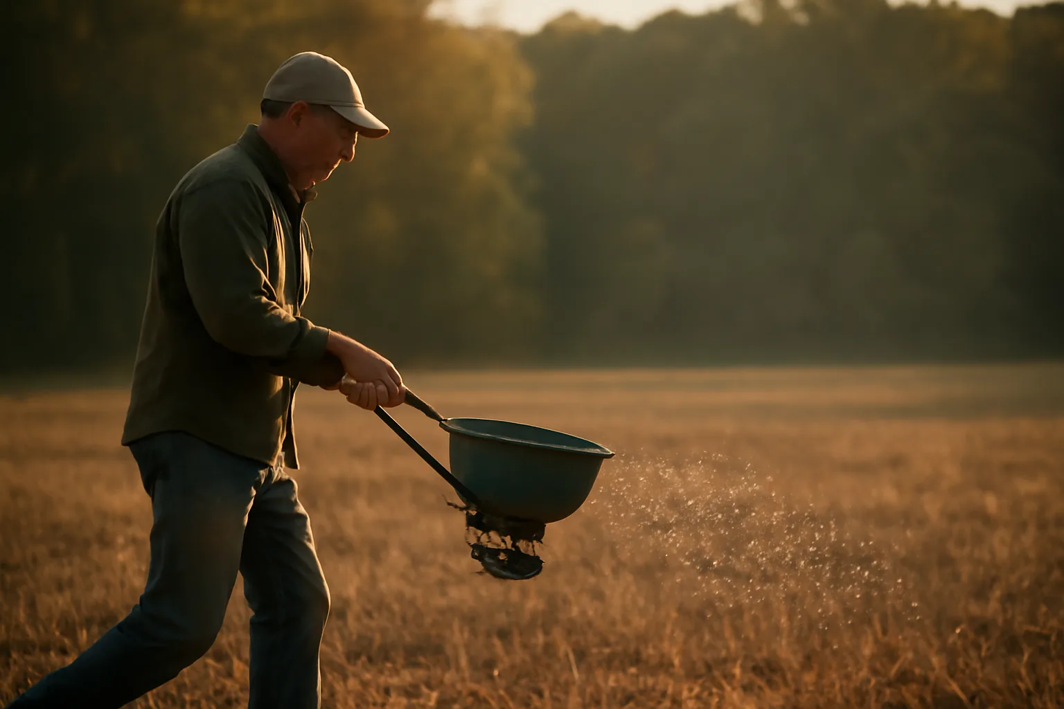 Hunter broadcasting seed into dead thatch on a no-till deer food plot