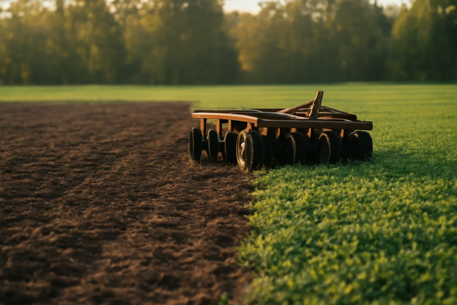 Tow-behind disc harrow parked in a freshly worked deer food plot at dusk