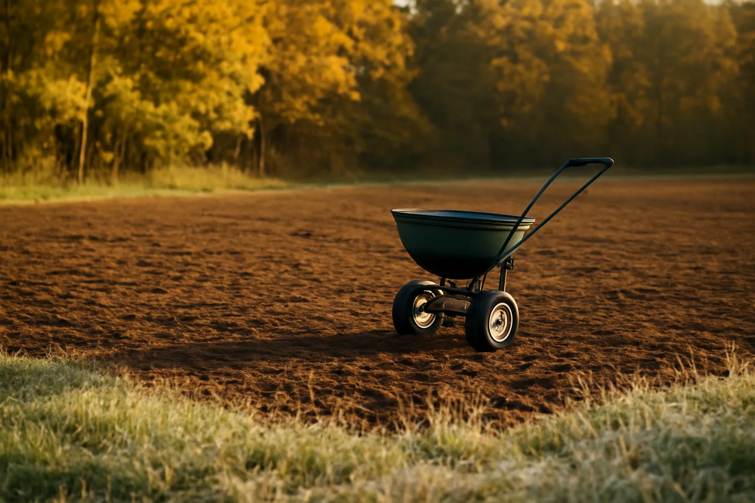 Tilled food plot field at forest edge during golden hour before fall planting