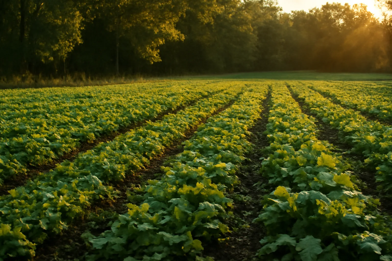 Late summer deer food plot with clover and turnip rows at sunset