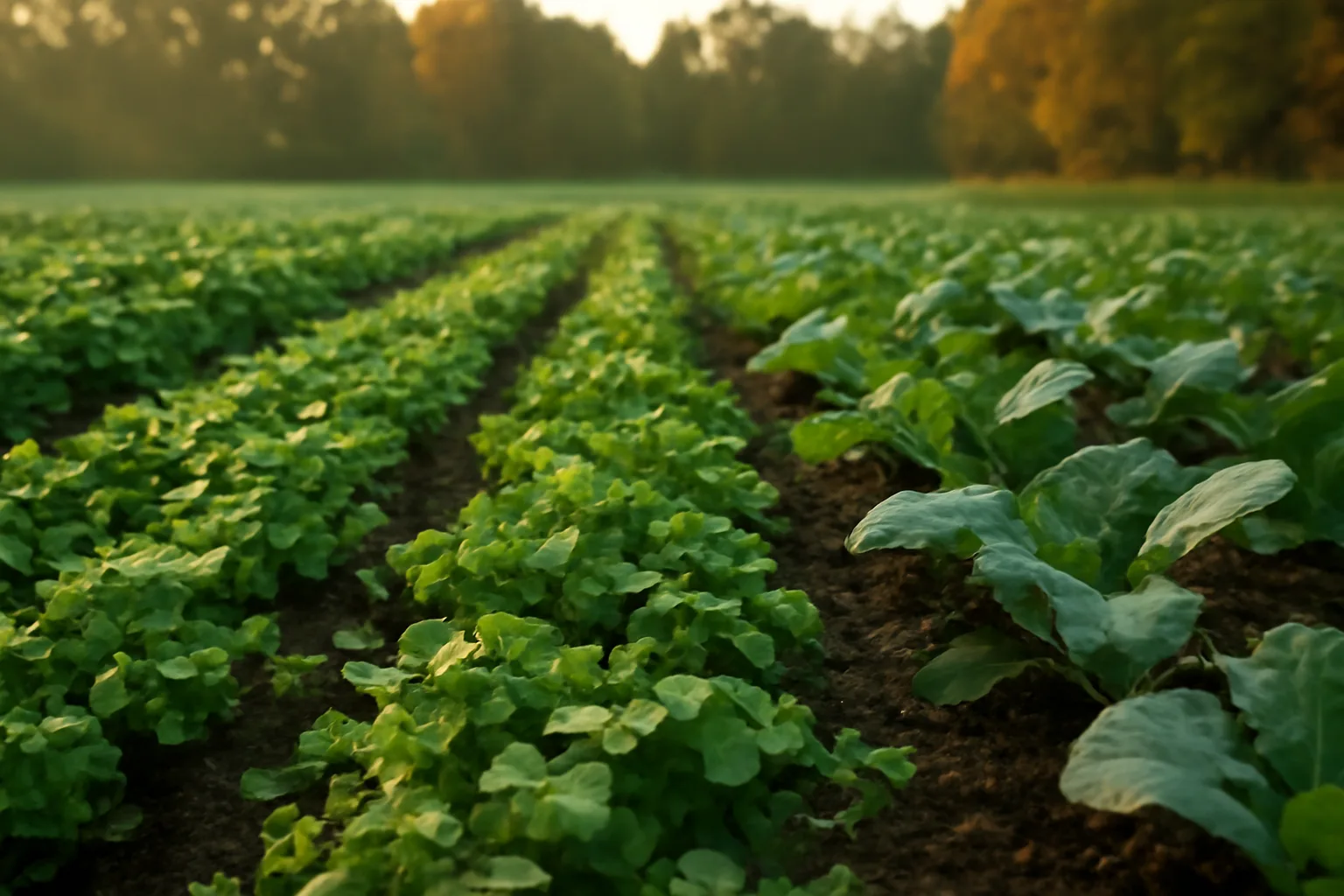 Green clover and brassica food plot rows in early morning light near a tree line