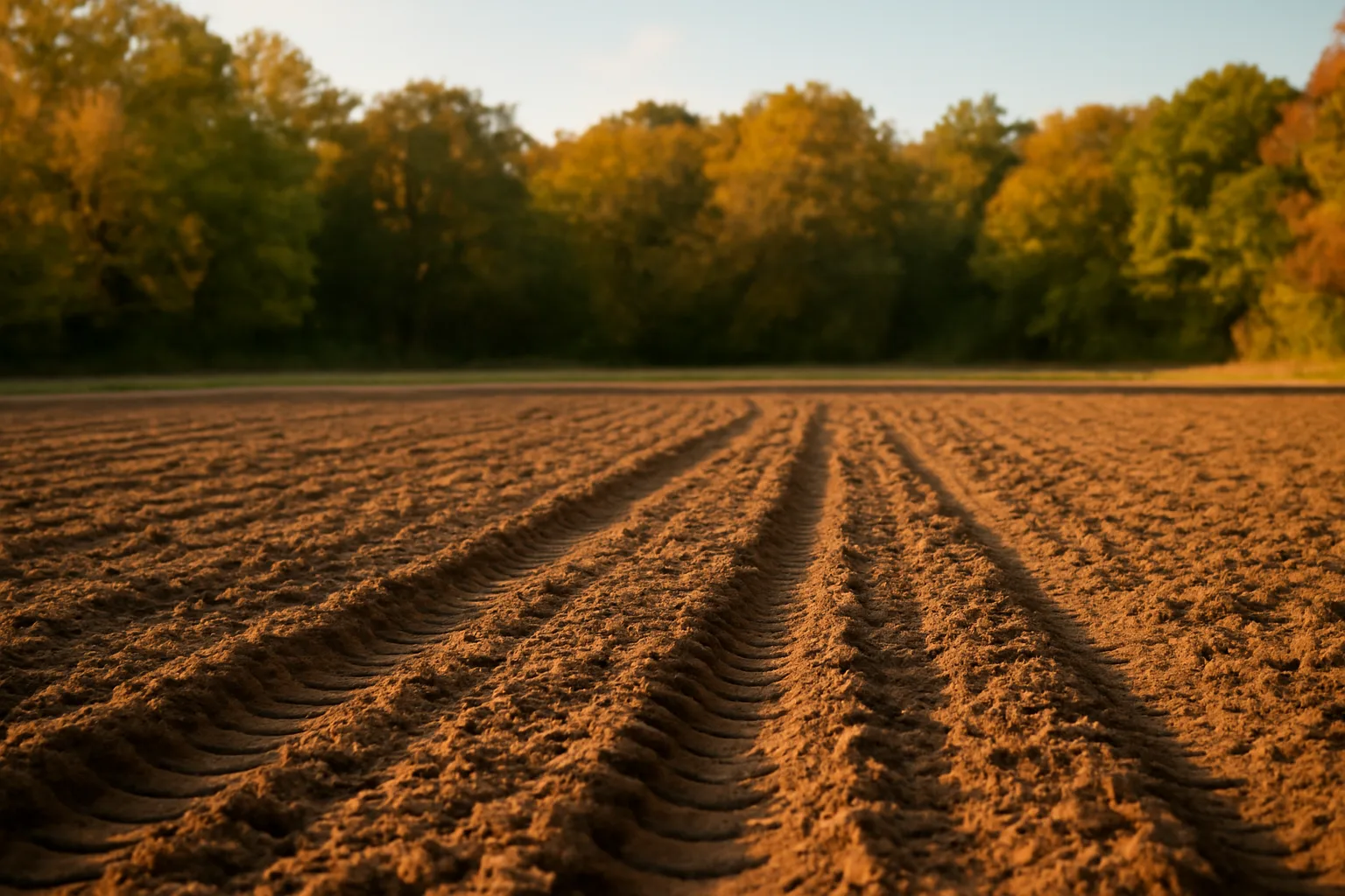 Freshly tilled deer food plot seed near me planting site at forest edge in fall light