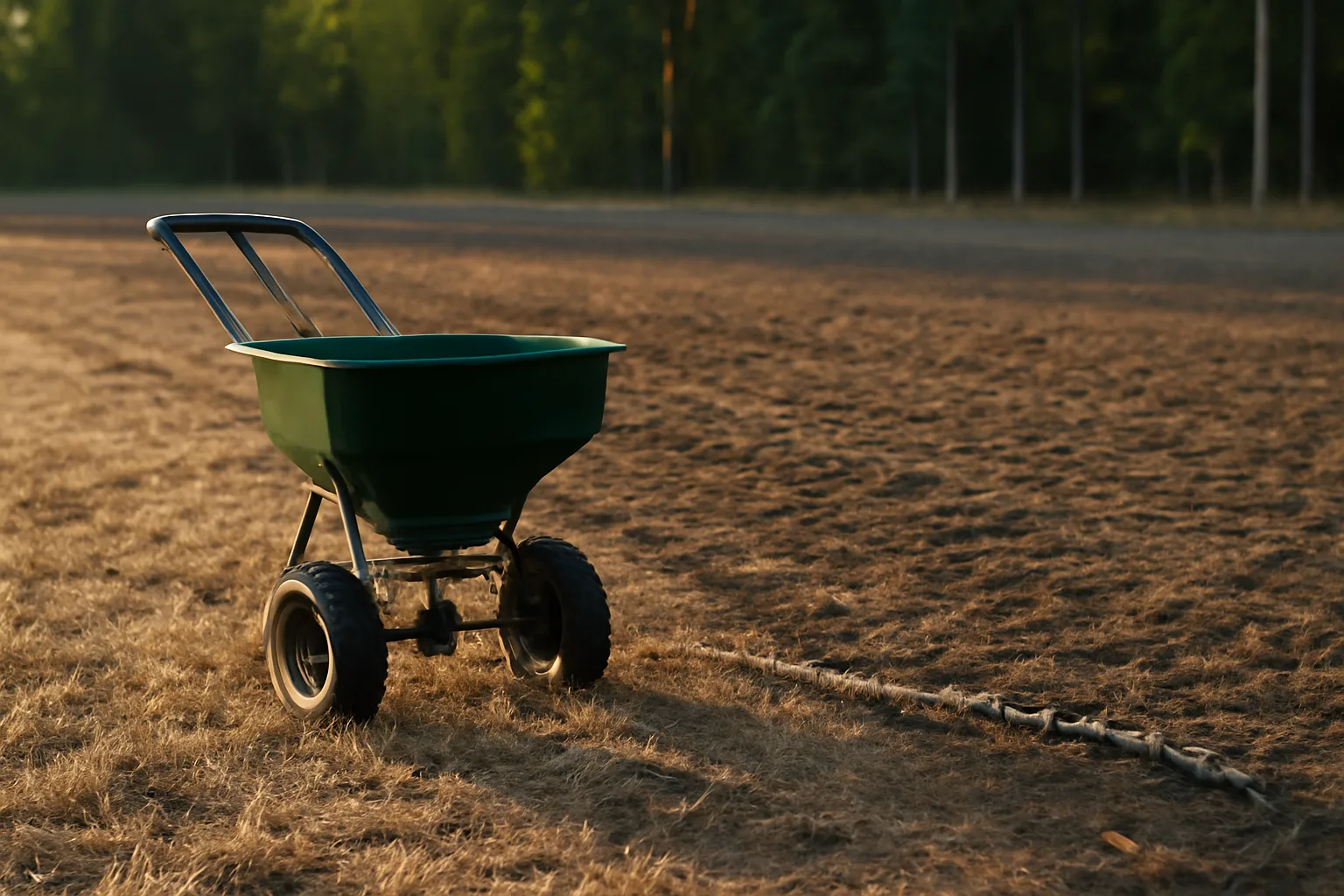 No-till food plot field with drag chain and spreader equipment at forest edge