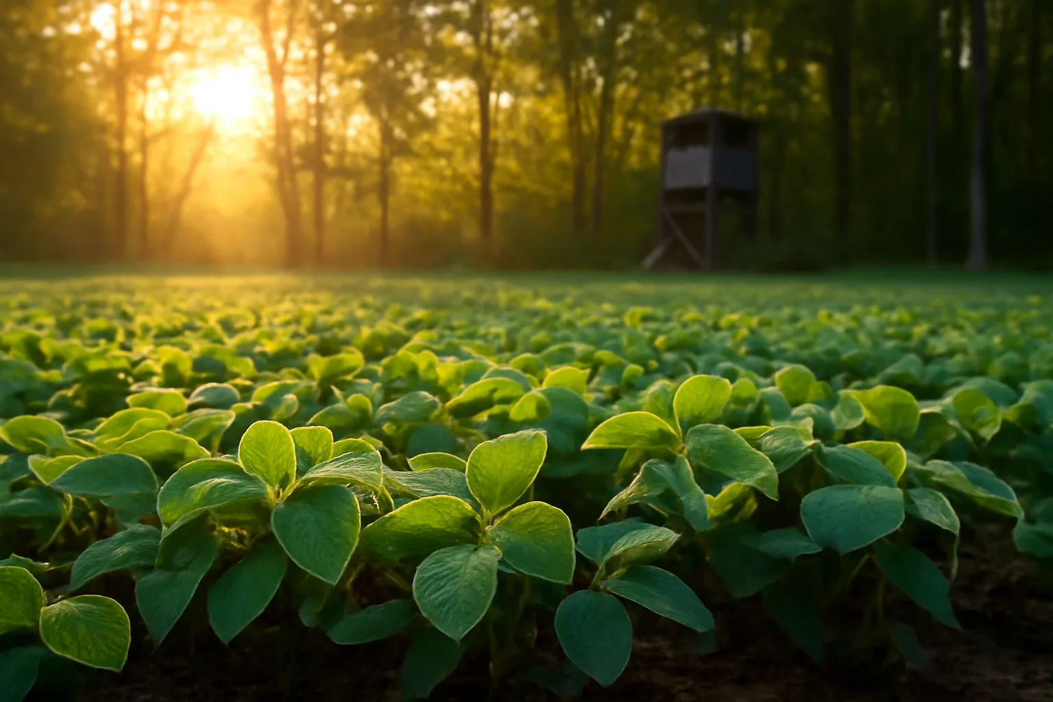Young soybean food plot at sunrise bordered by timber with a distant deer stand