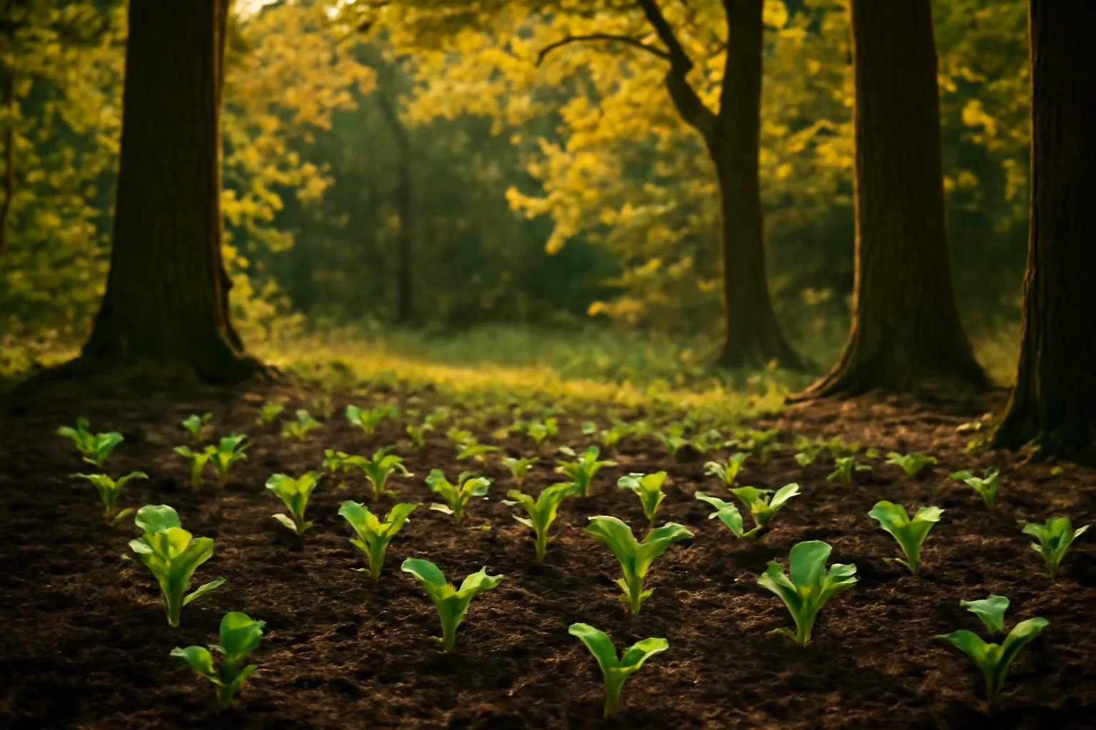 shaded deer food plot clearing with brassica seedlings under a forest canopy