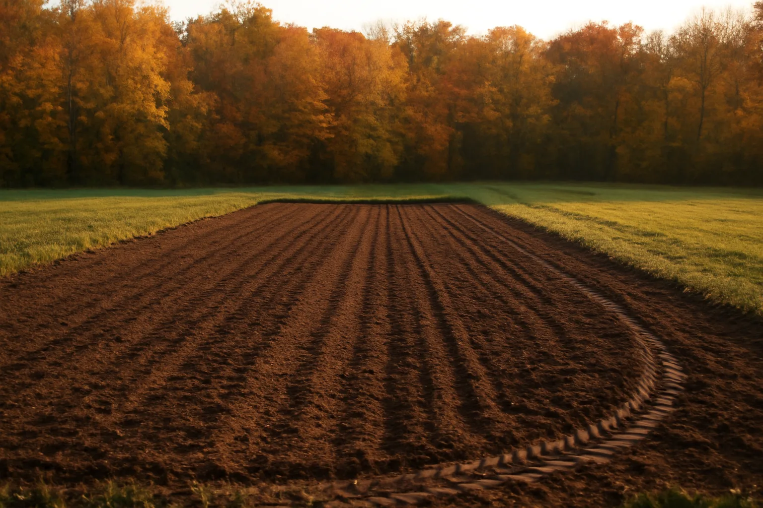 Freshly planted deer food plot with tilled soil bordered by autumn hardwood timber