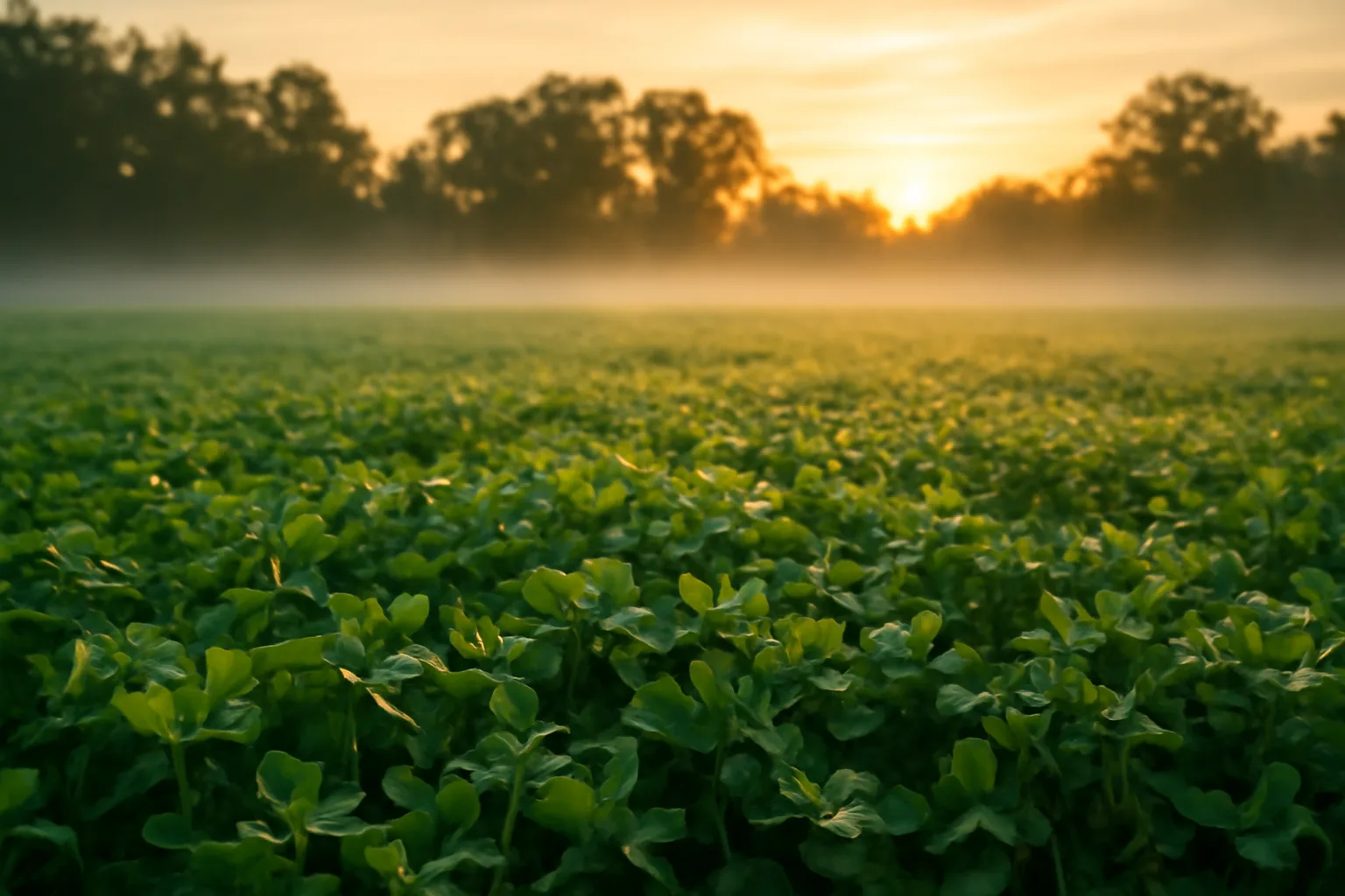 Green clover deer food plot at sunrise with misty tree line behind it