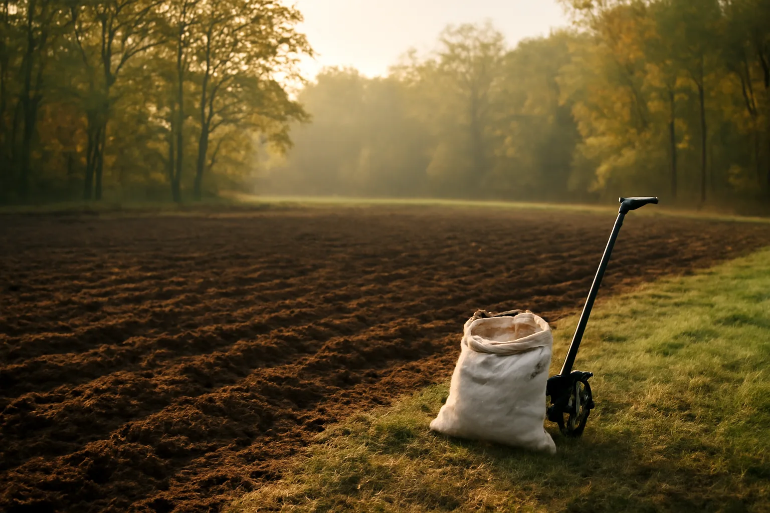 Freshly tilled deer food plot at dawn with seeding tools at the edge of a hardwood tree line