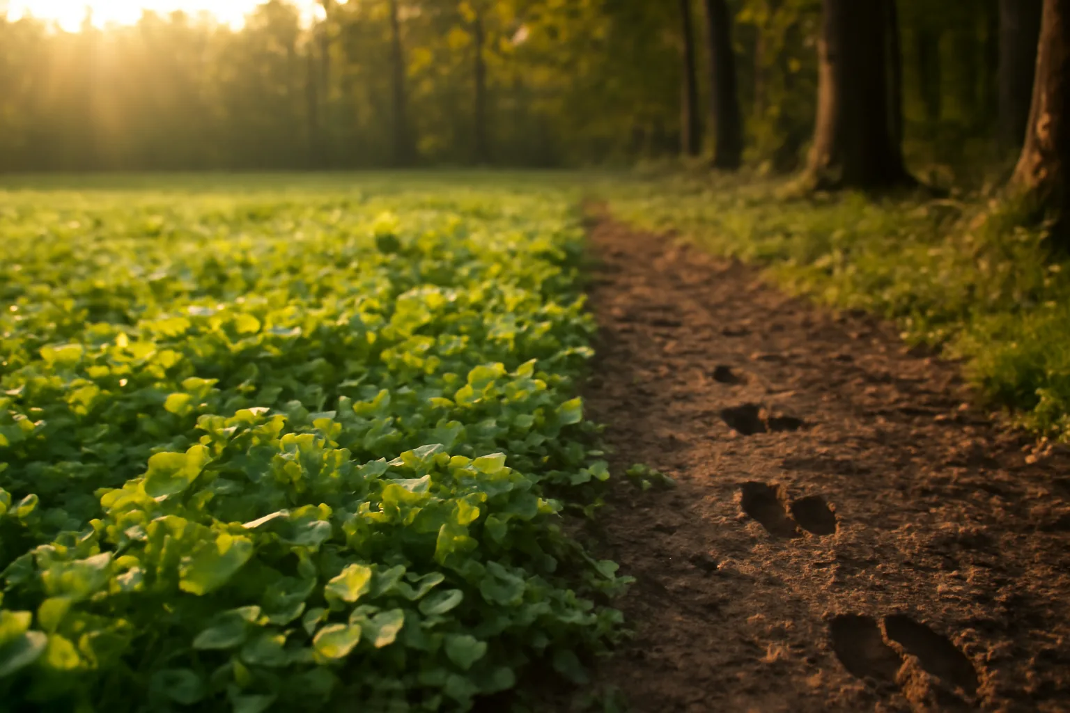 Sunlit deer food plot of clover and turnips bordering a hardwood tree line