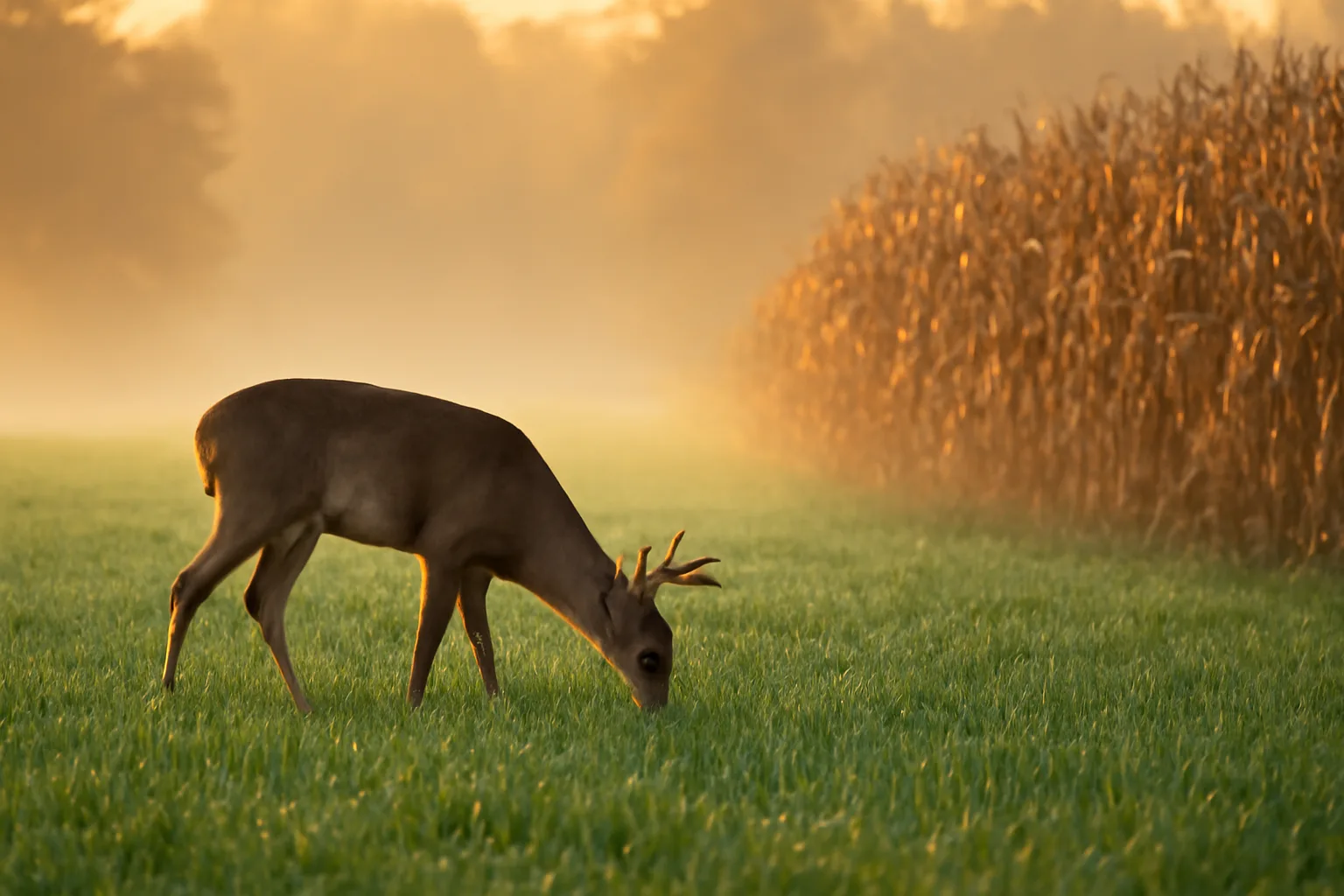 Whitetail deer grazing in a green oat plot next to a dry cornfield at dawn