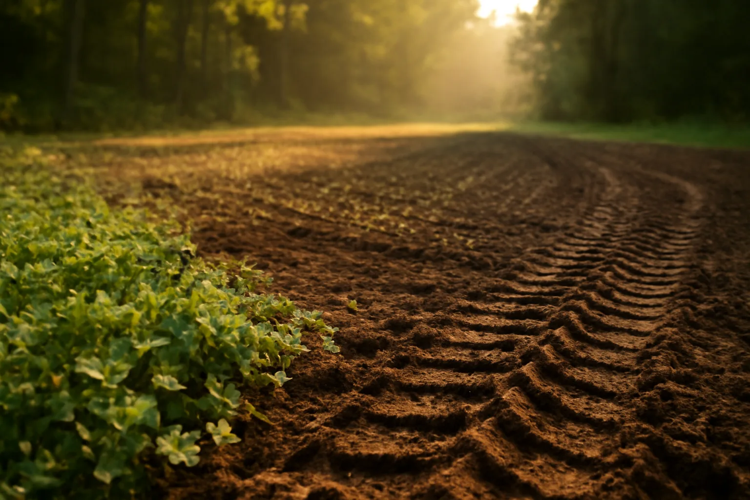 Broadcast seed scattered on freshly disturbed dirt in a woodland food plot clearing