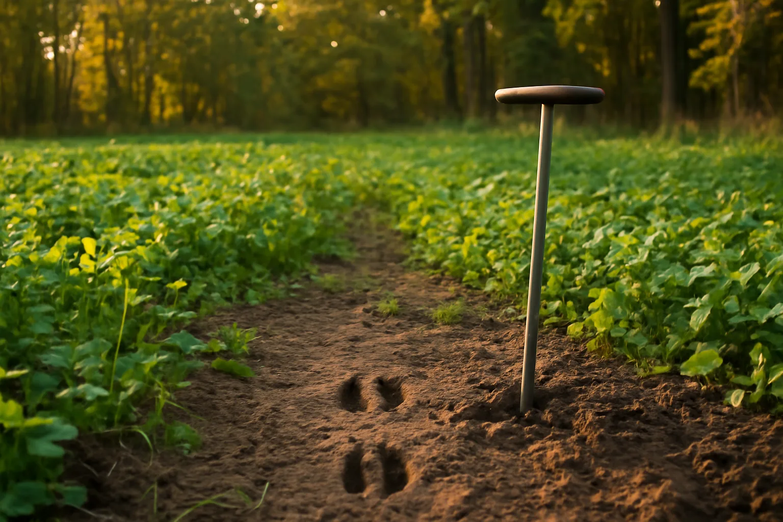 Food plot field of clover and turnips bordered by autumn hardwood trees at dusk