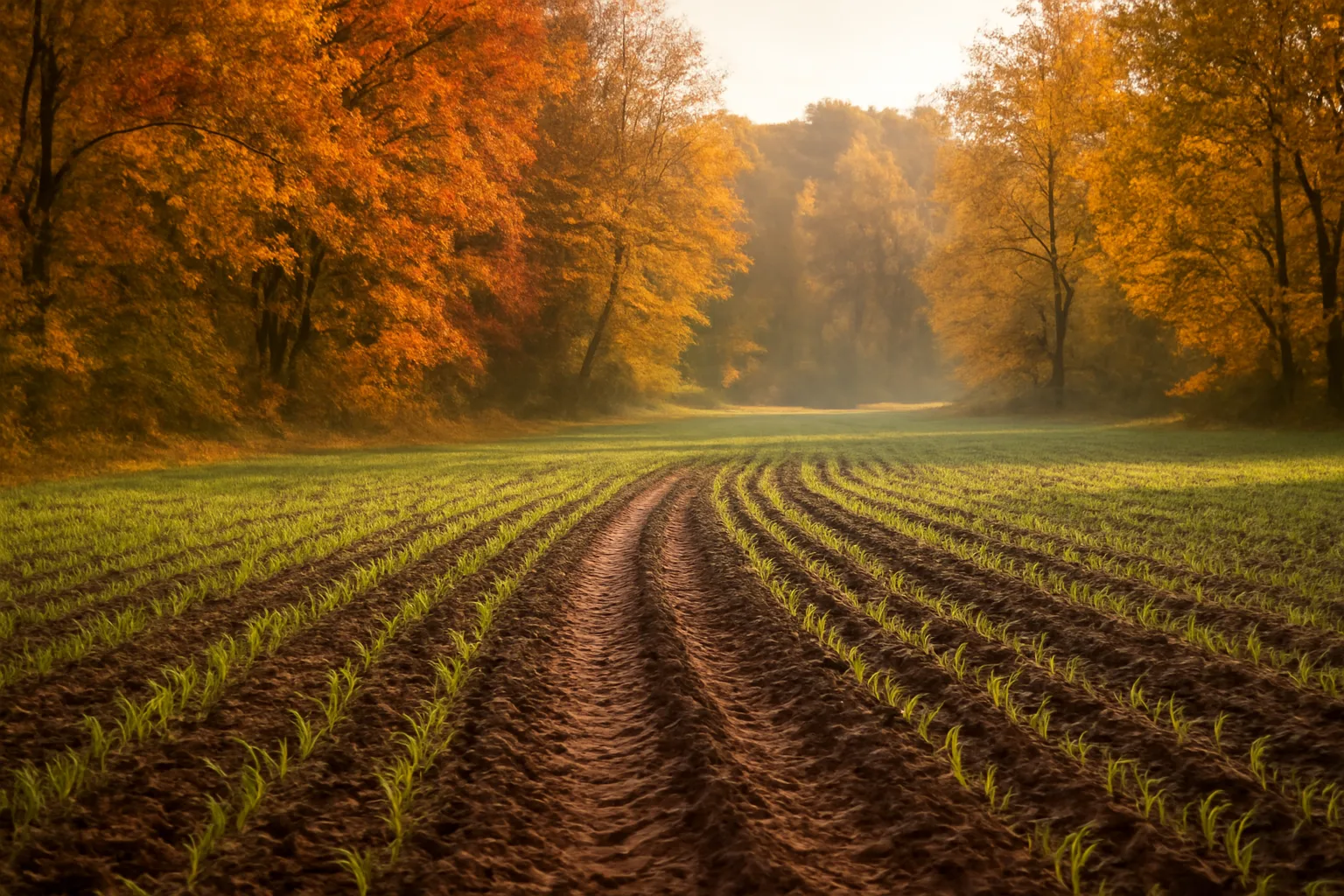 Freshly planted food plot clearing in autumn woods with tractor tracks in tilled soil