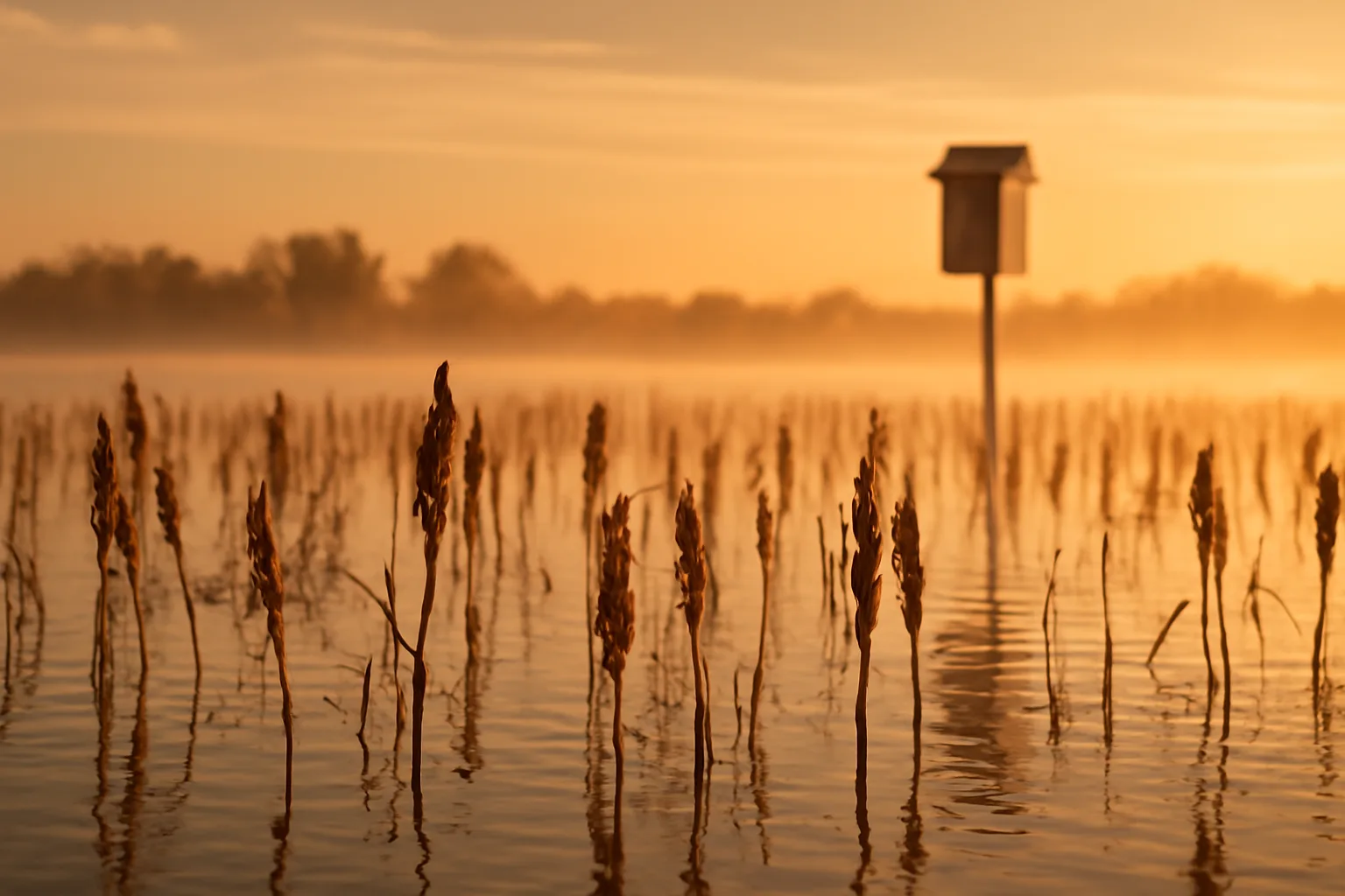 Flooded millet field at dawn planted as a duck food plot