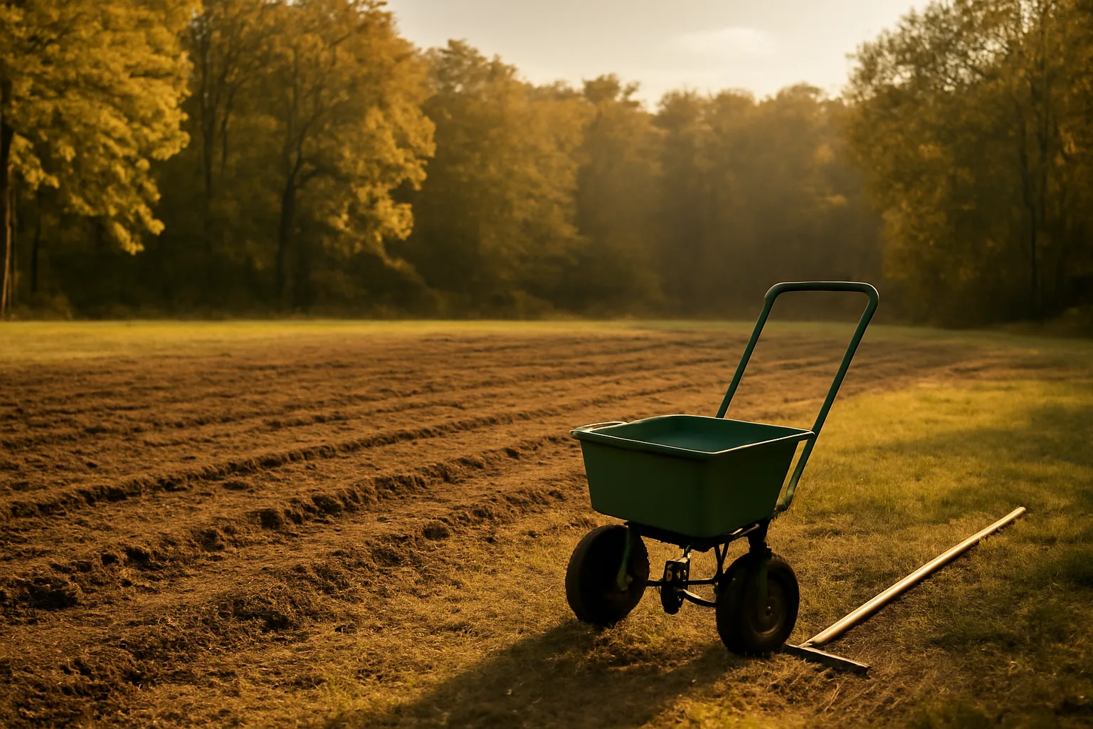 Freshly tilled food plot for deer bordered by autumn hardwoods at dusk