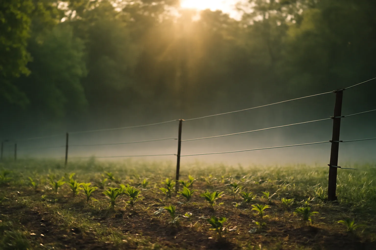 Slanted electric fence surrounding a young green food plot at dawn