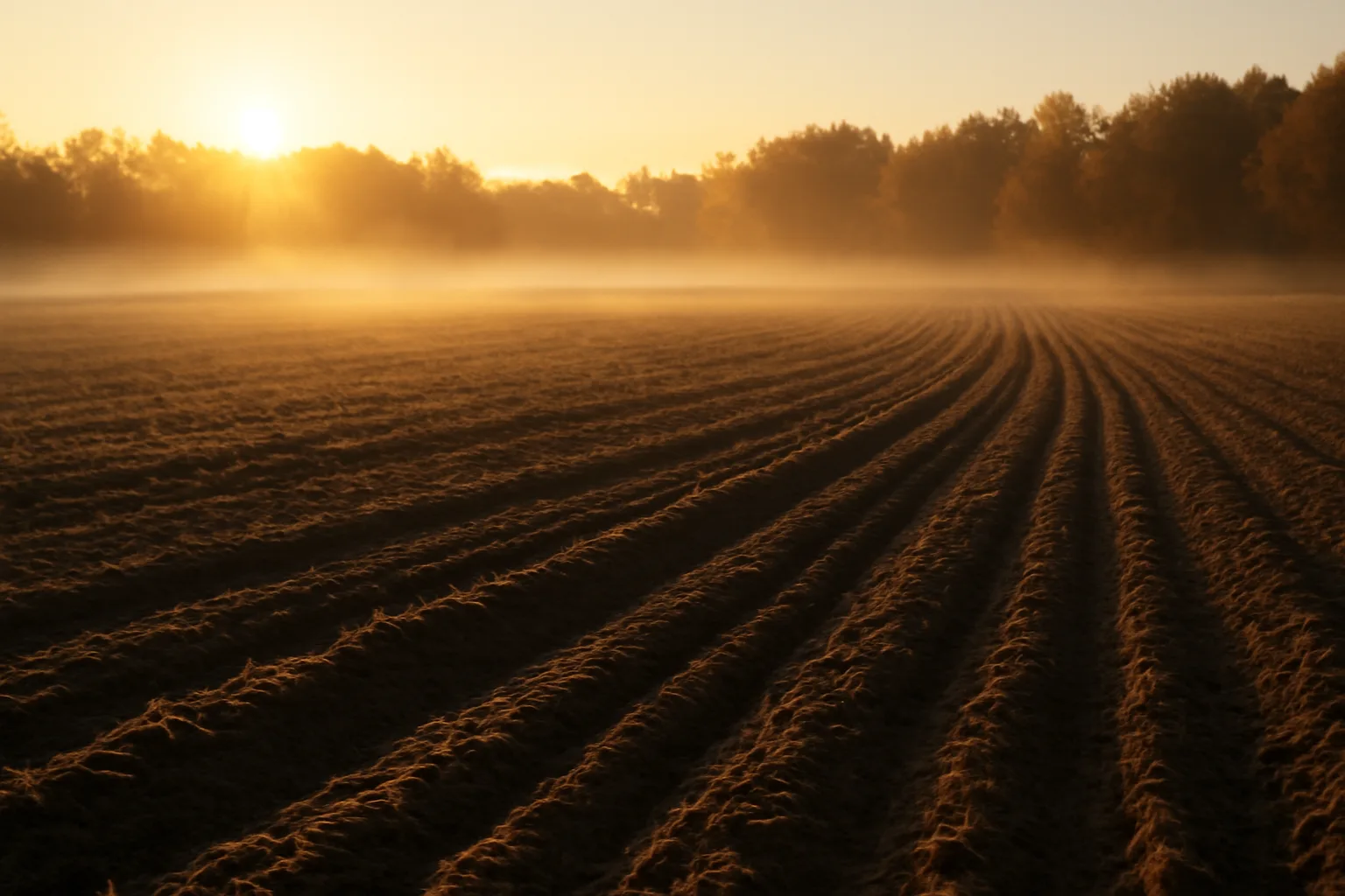 Freshly planted fall food plot with disced soil rows at golden hour