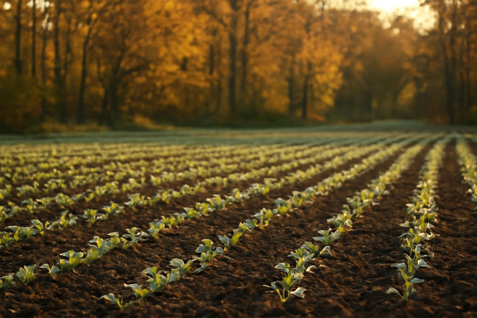 Fall blend food plot seed growing as young brassica and grain seedlings at a timber edge