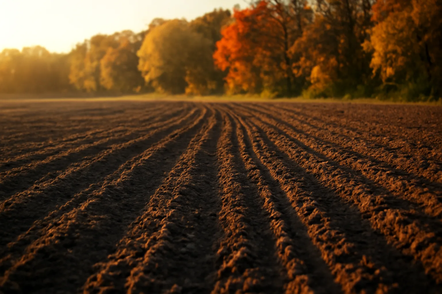 Freshly planted fall deer food plot field with disked soil rows at sunset