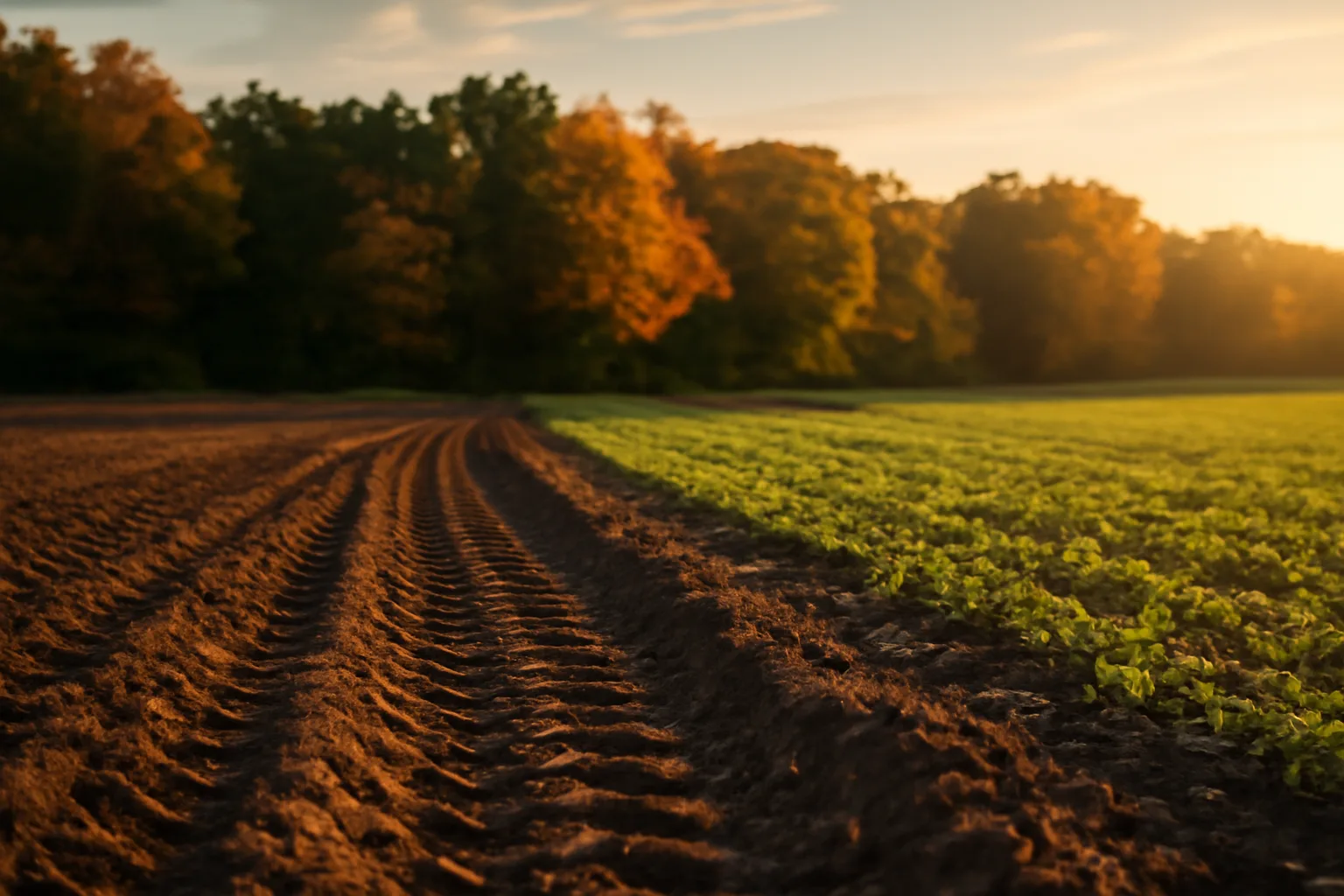 Freshly tilled fall deer food plot bordered by autumn treeline at golden hour