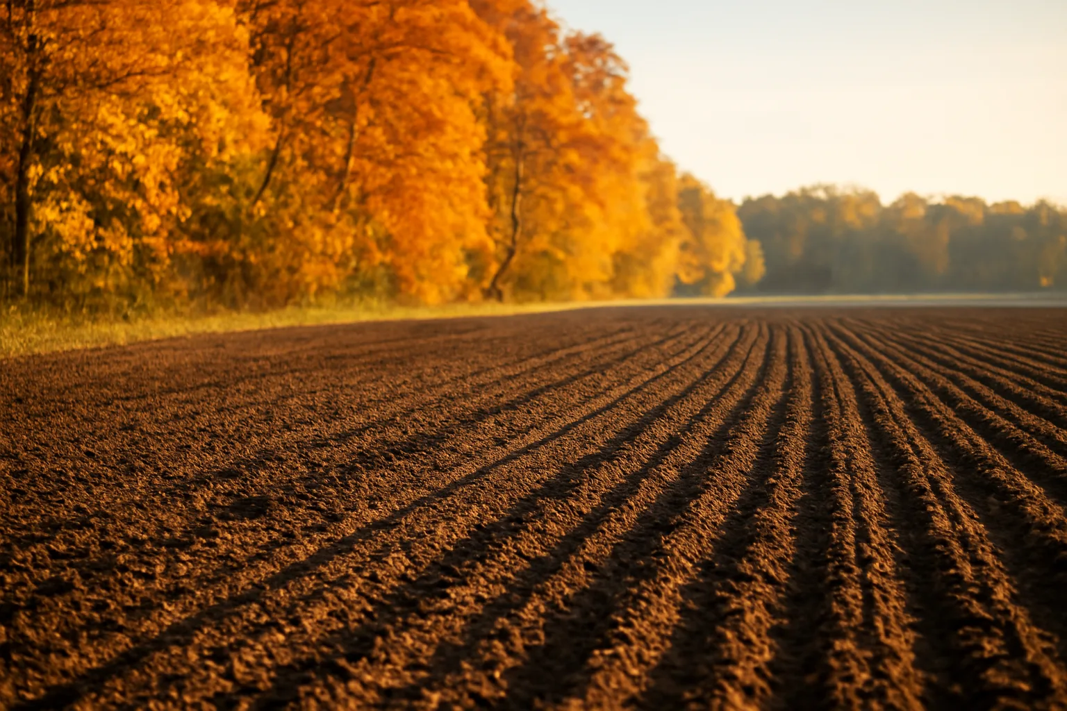 Freshly planted fall deer plot field with drill tracks in dark soil at dusk