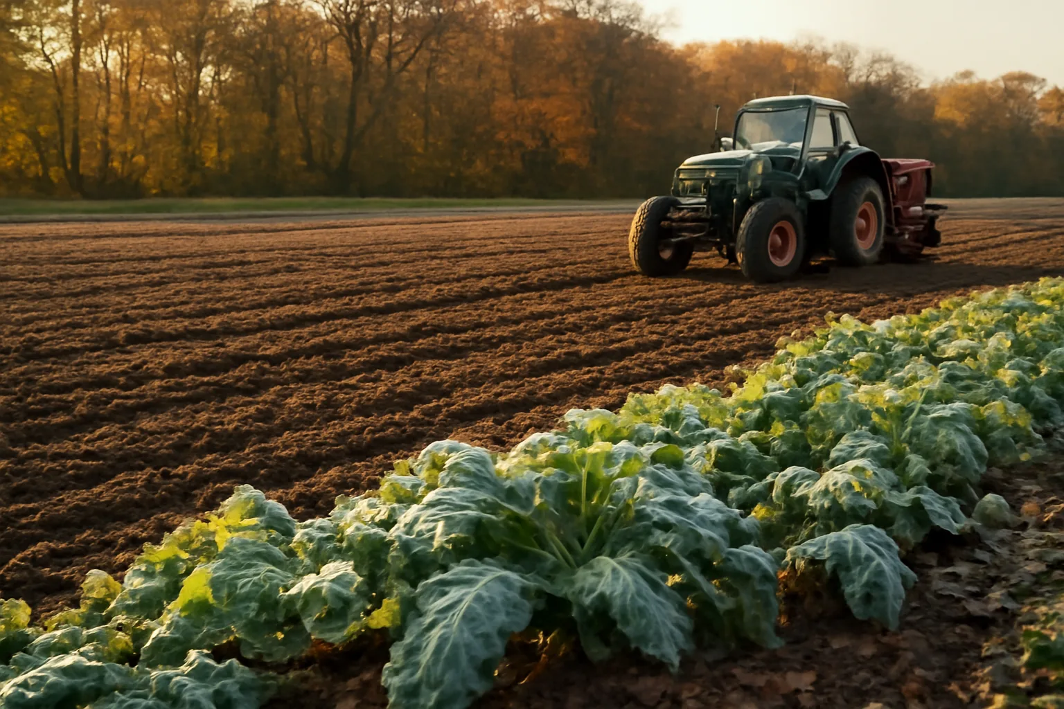 Tractor and drill beside a freshly planted fall food plot at forest edge