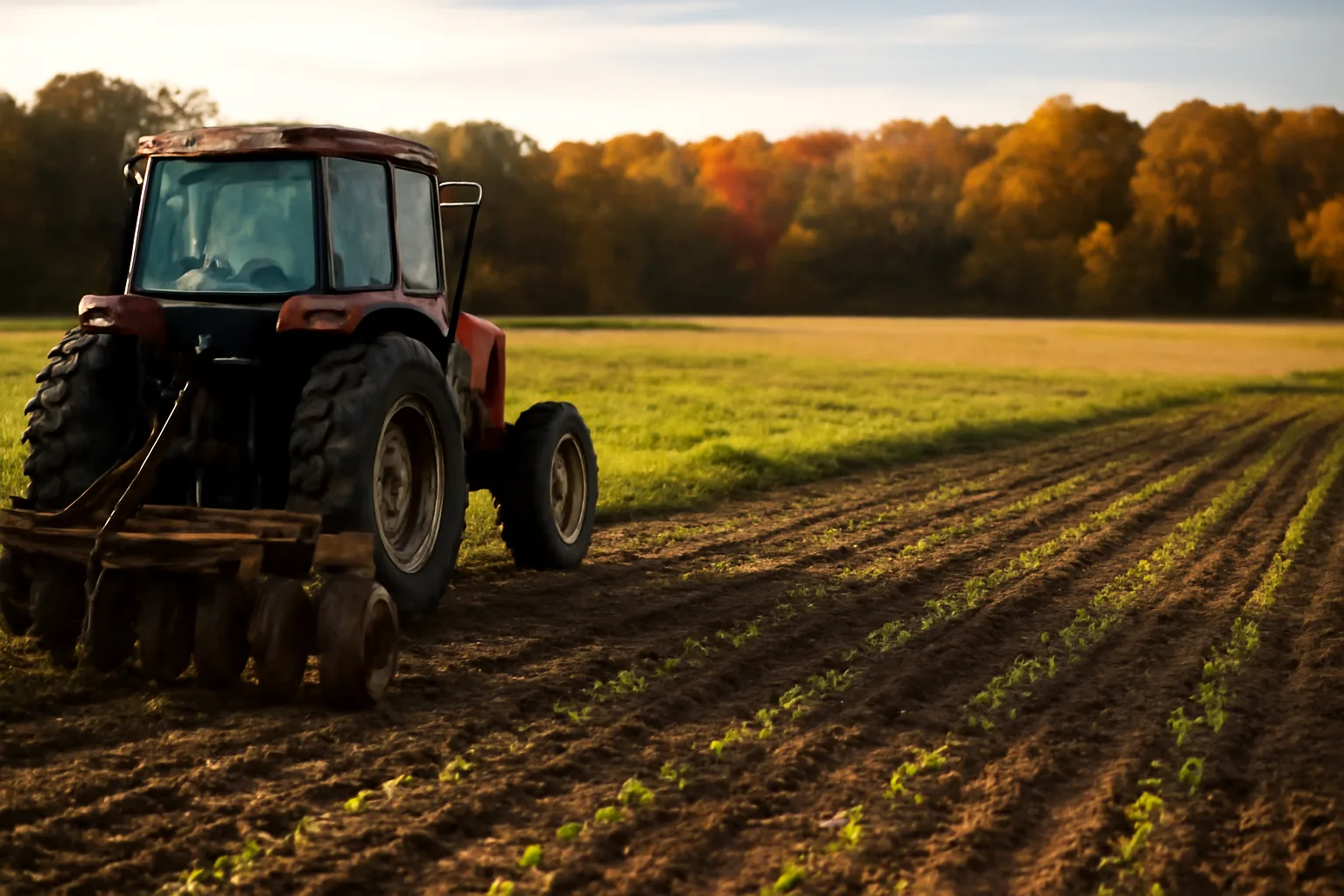 fall food plot seed emerging in tilled rows at edge of hardwood treeline