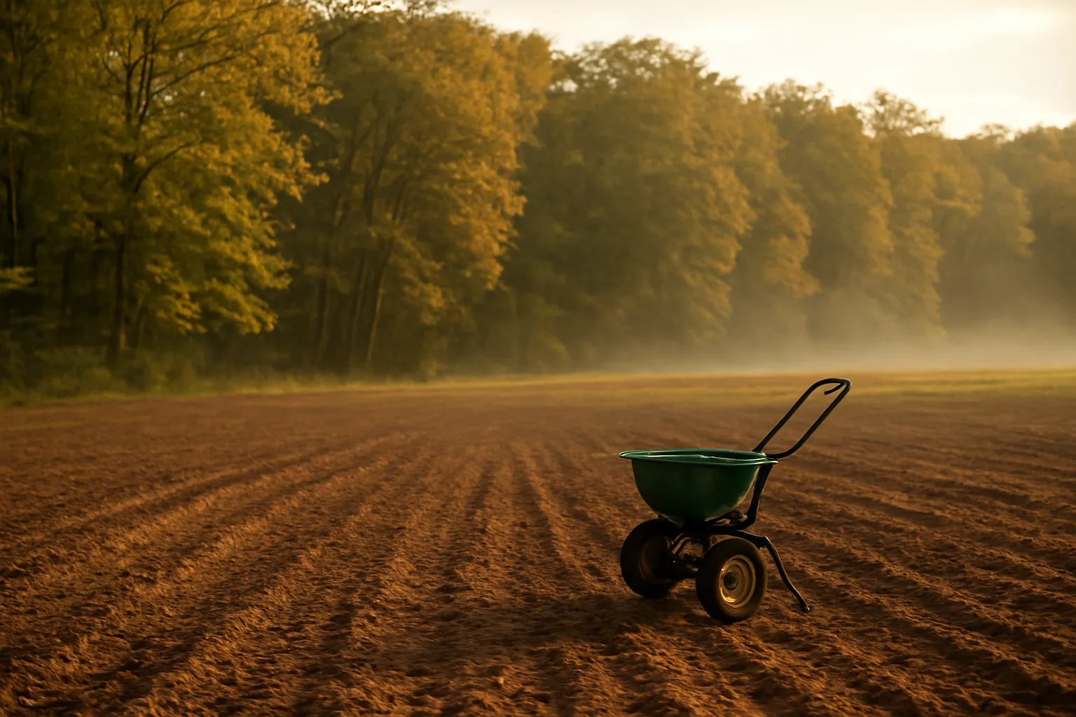 Freshly tilled fall food plot bordered by autumn hardwood timber at dusk