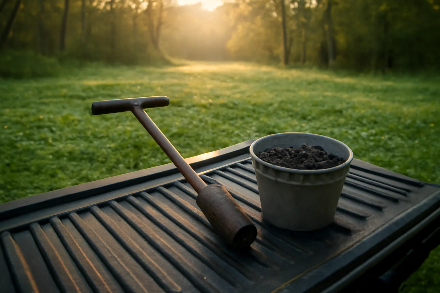 Soil sample bucket and probe on a truck tailgate beside a green food plot at dawn
