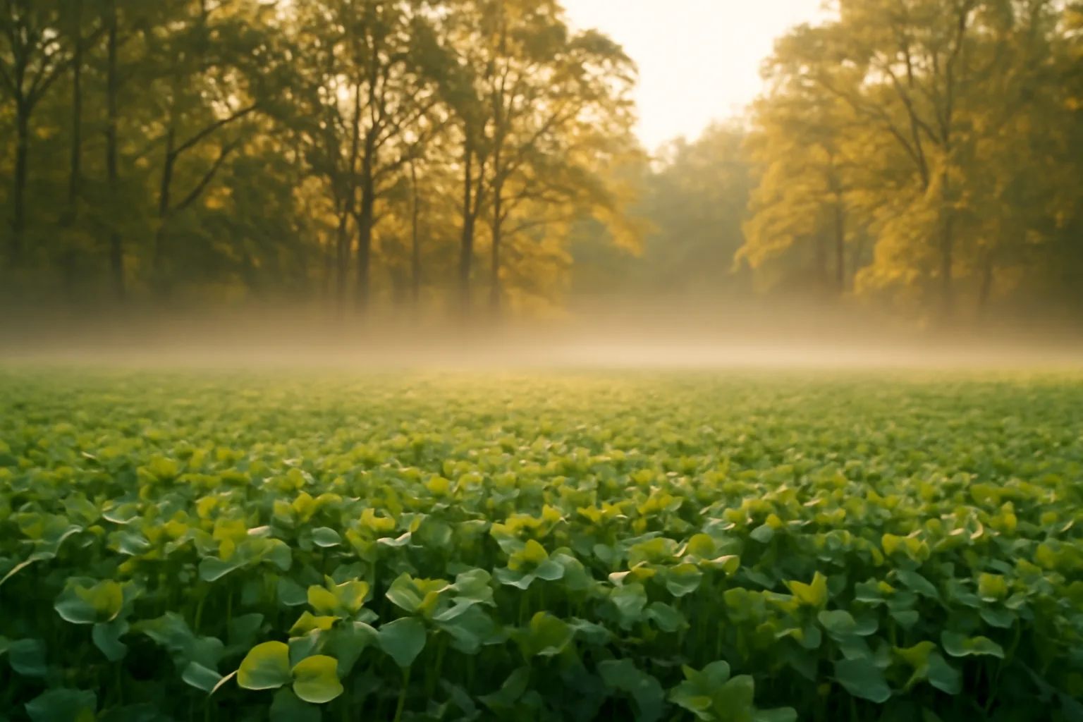 Green clover food plot bordered by hardwood timber at sunrise