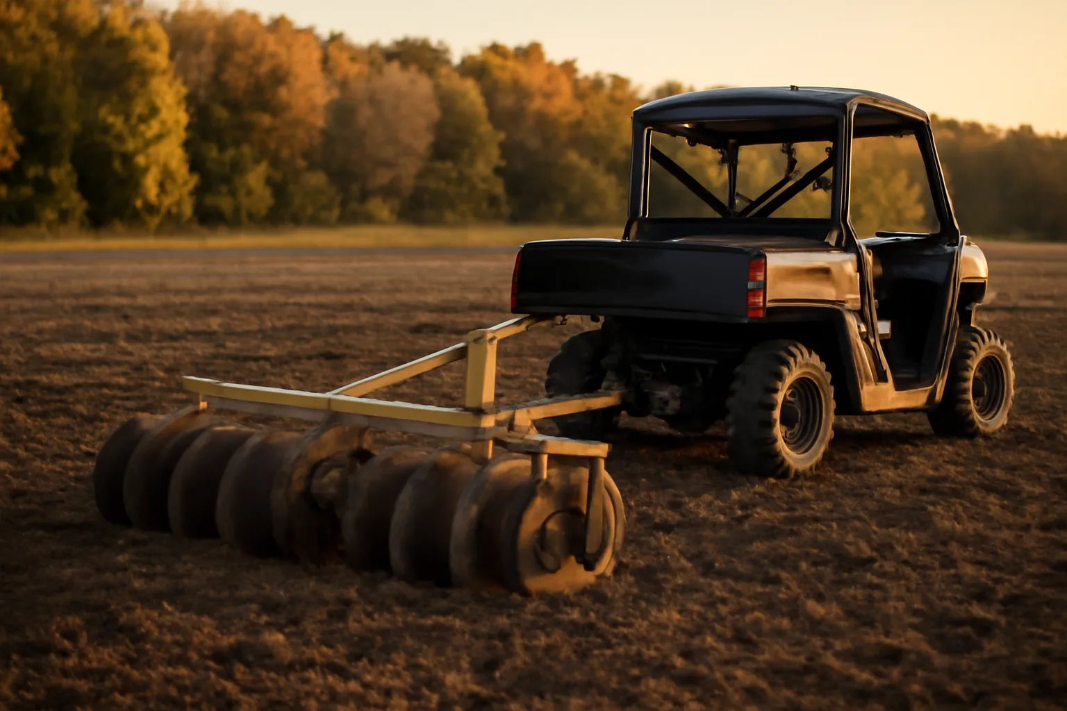 Firminator-style food plot planter hitched behind a UTV in a tilled field