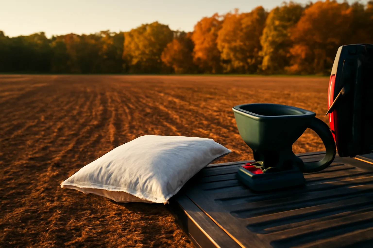 Freshly tilled food plot with broadcast seeder on truck tailgate at dusk
