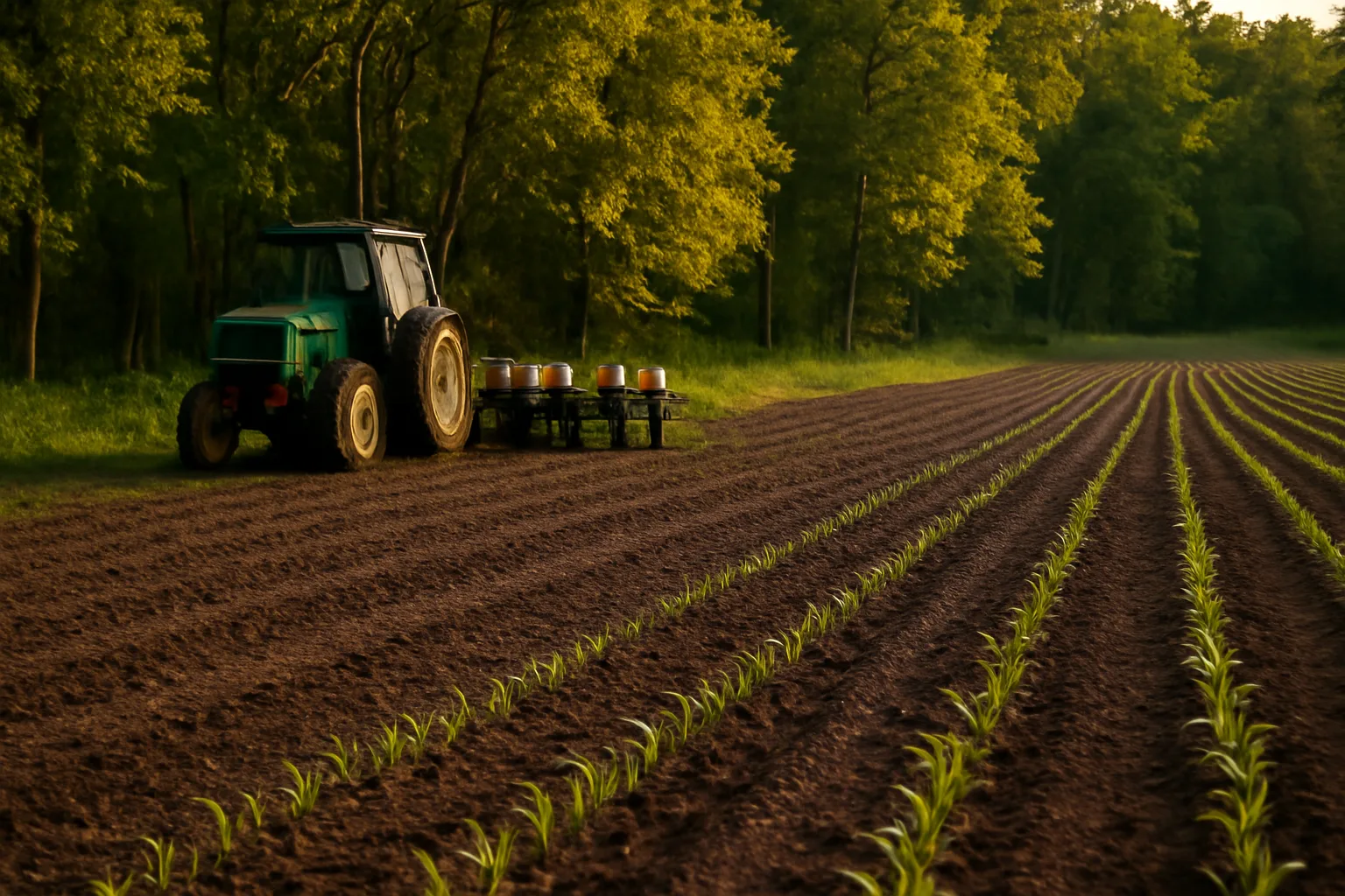 Tractor and planter beside rows of freshly planted corn food plot near woods