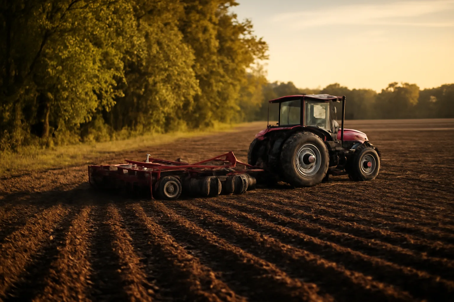 Tractor-pulled food plot disc sitting in freshly turned soil at a field edge