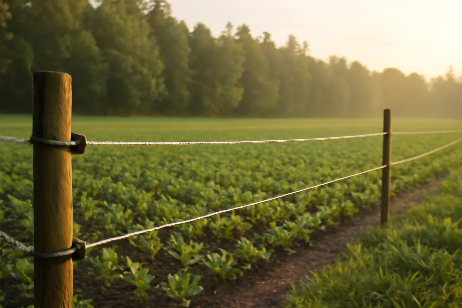 poly-tape food plot electric fence surrounding young brassica plants at dawn
