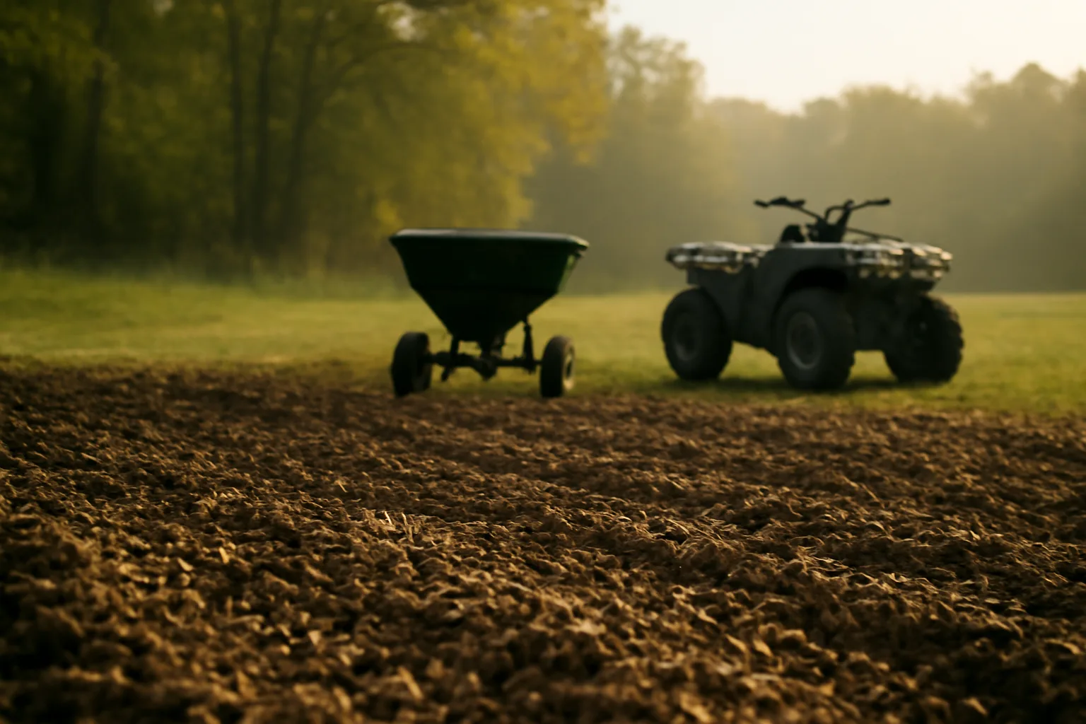Freshly tilled food plot field with oat seed spread across dark soil at dusk