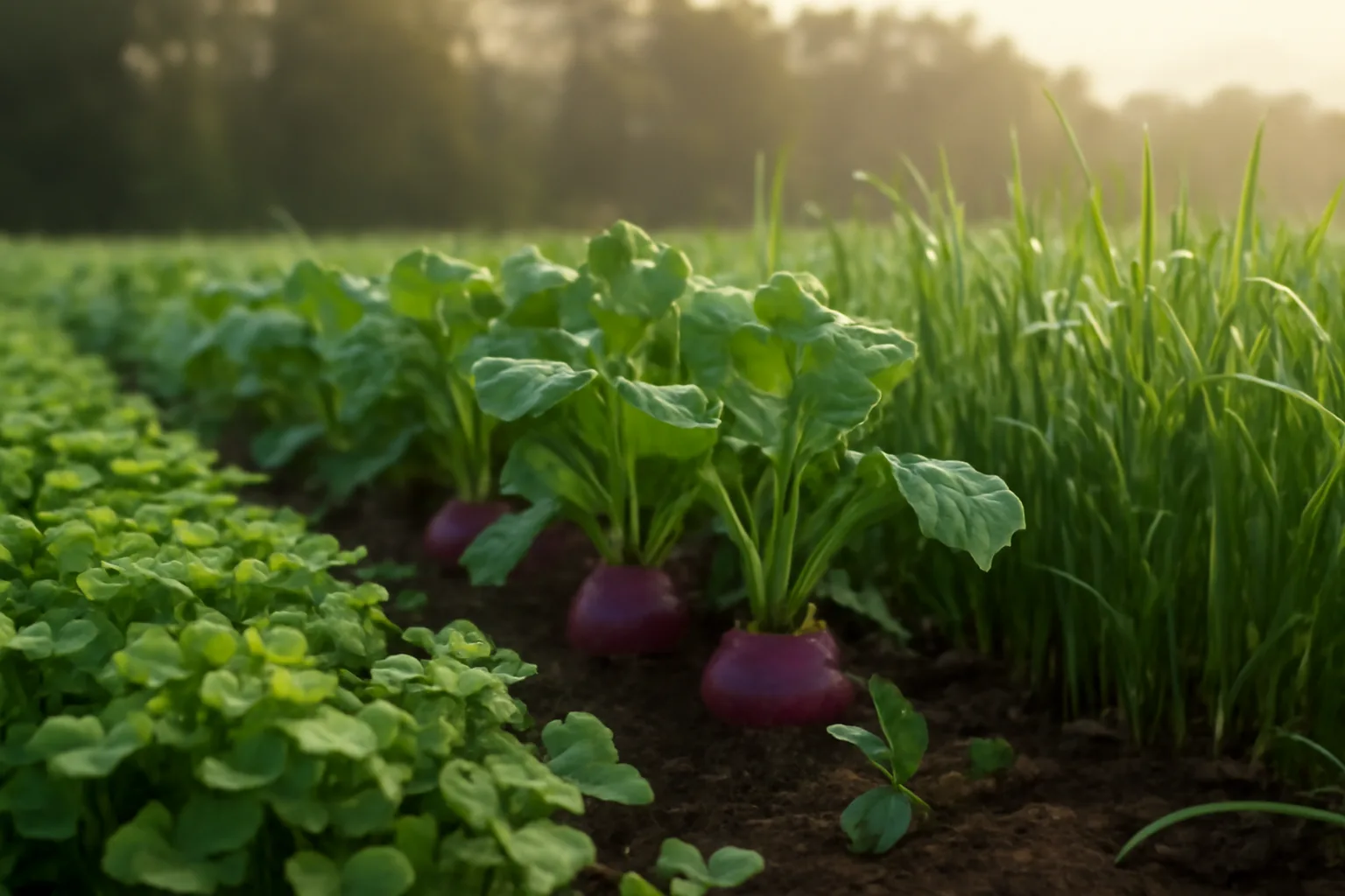 Close-up of clover, turnip, and oat plants growing together in a food plot