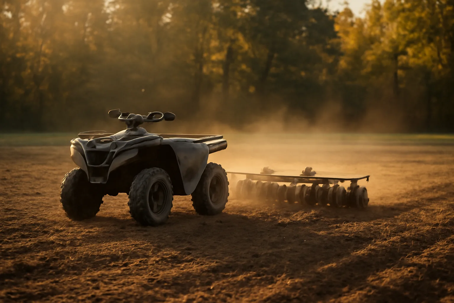 ATV towing a disc harrow planter across a freshly tilled deer food plot